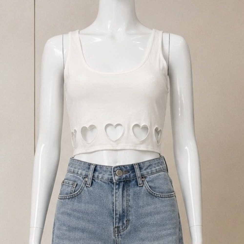 Lovers and Friends Women Crop Top White Heart Cutout Ribbed Small